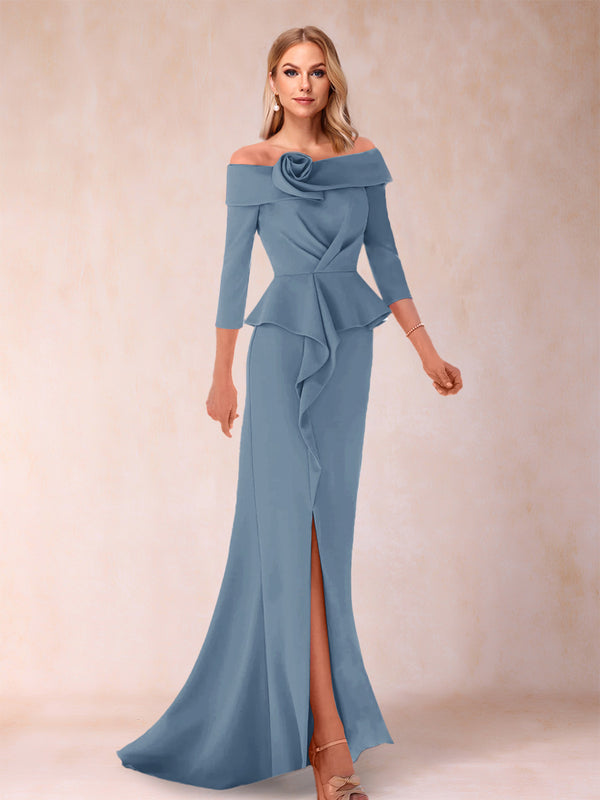 Sheath/Column Off-the-Shoulder Floor-Length Mother of the Bride Dresses With Ruffles &  Split Side