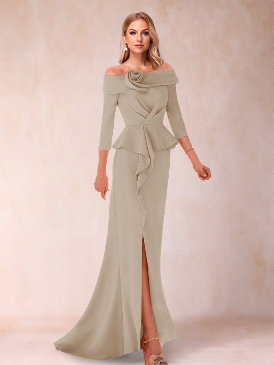 Sheath/Column Off-the-Shoulder Floor-Length Mother of the Bride Dresses With Ruffles &amp;  Split Side