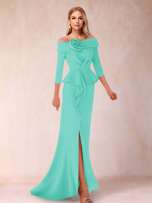 Sheath/Column Off-the-Shoulder Floor-Length Mother of the Bride Dresses With Ruffles &  Split Side