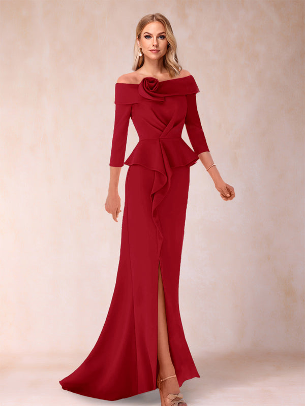 Sheath/Column Off-the-Shoulder Floor-Length Mother of the Bride Dresses With Ruffles &  Split Side