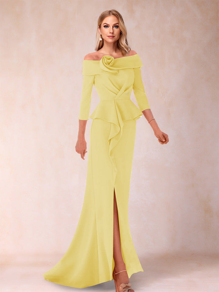 Sheath/Column Off-the-Shoulder Floor-Length Mother of the Bride Dresses With Ruffles &amp;  Split Side