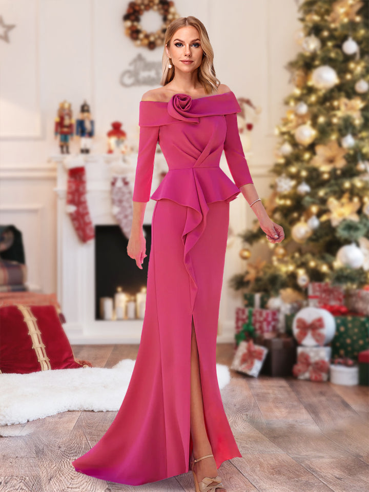 Sheath/Column Off-the-Shoulder Floor-Length Christmas Dresses With Ruffles &amp;  Split Side