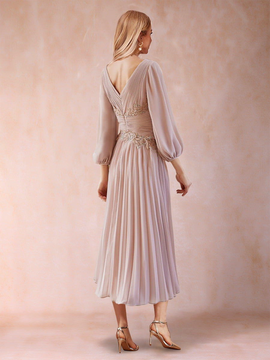 A-Line/Princess V-Neck Tea-Length Chiffon Mother of the Bride Dresses With Pleats &amp; Sequins