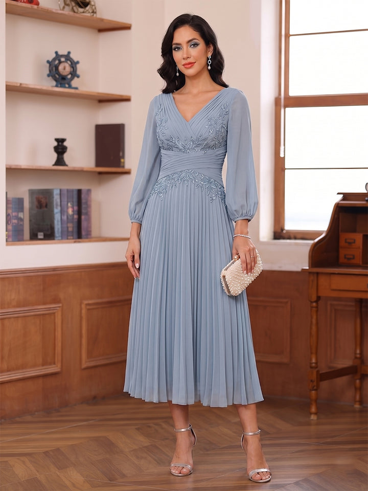 A-Line/Princess V-Neck Tea-Length Mother of the Bride Dresses With Pleats &amp; Sequins