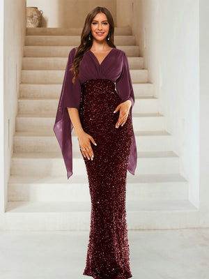 Sheath/Column V-Neck Half Sleeves Floor-Length Mother of the Bride Dresses With Sequins