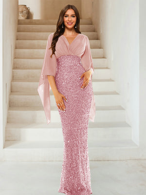 Sheath/Column V-Neck Half Sleeves Floor-Length Mother of the Bride Dresses With Sequins