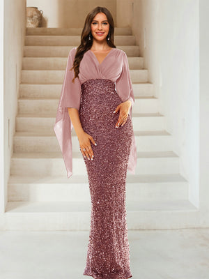 Sheath/Column V-Neck Half Sleeves Floor-Length Mother of the Bride Dresses With Sequins