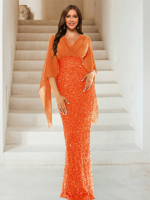 Sheath/Column V-Neck Half Sleeves Floor-Length Mother of the Bride Dresses With Sequins