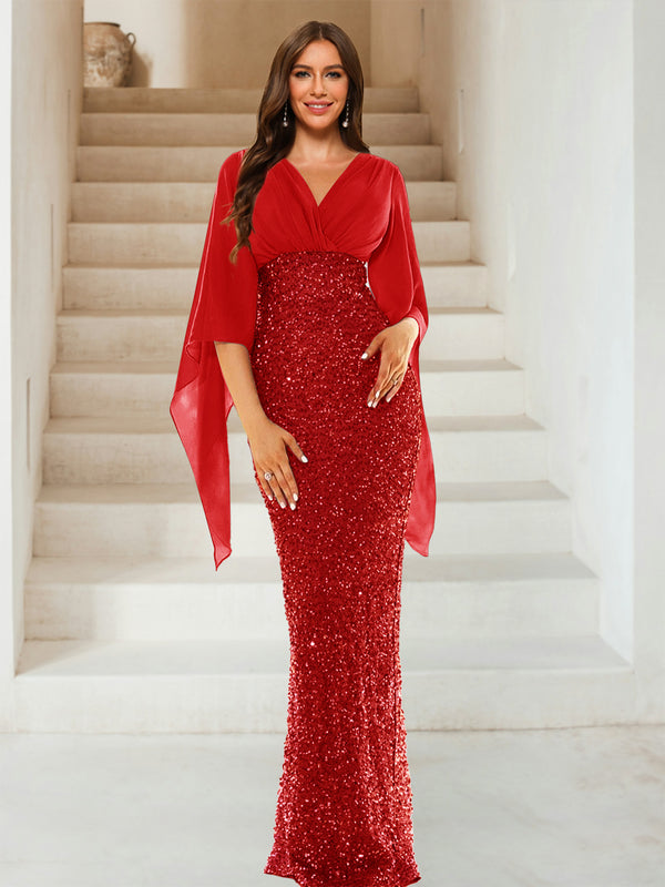 Sheath/Column V-Neck Half Sleeves Floor-Length Mother of the Bride Dresses With Sequins