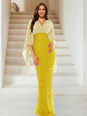 Sheath/Column V-Neck Half Sleeves Floor-Length Mother of the Bride Dresses With Sequins