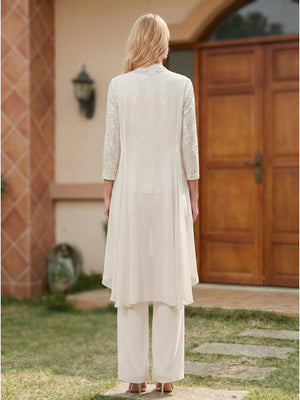 Chiffon Sequins Scoop Neck Long Sleeves 3 Pieces Pantsuits with Jacket