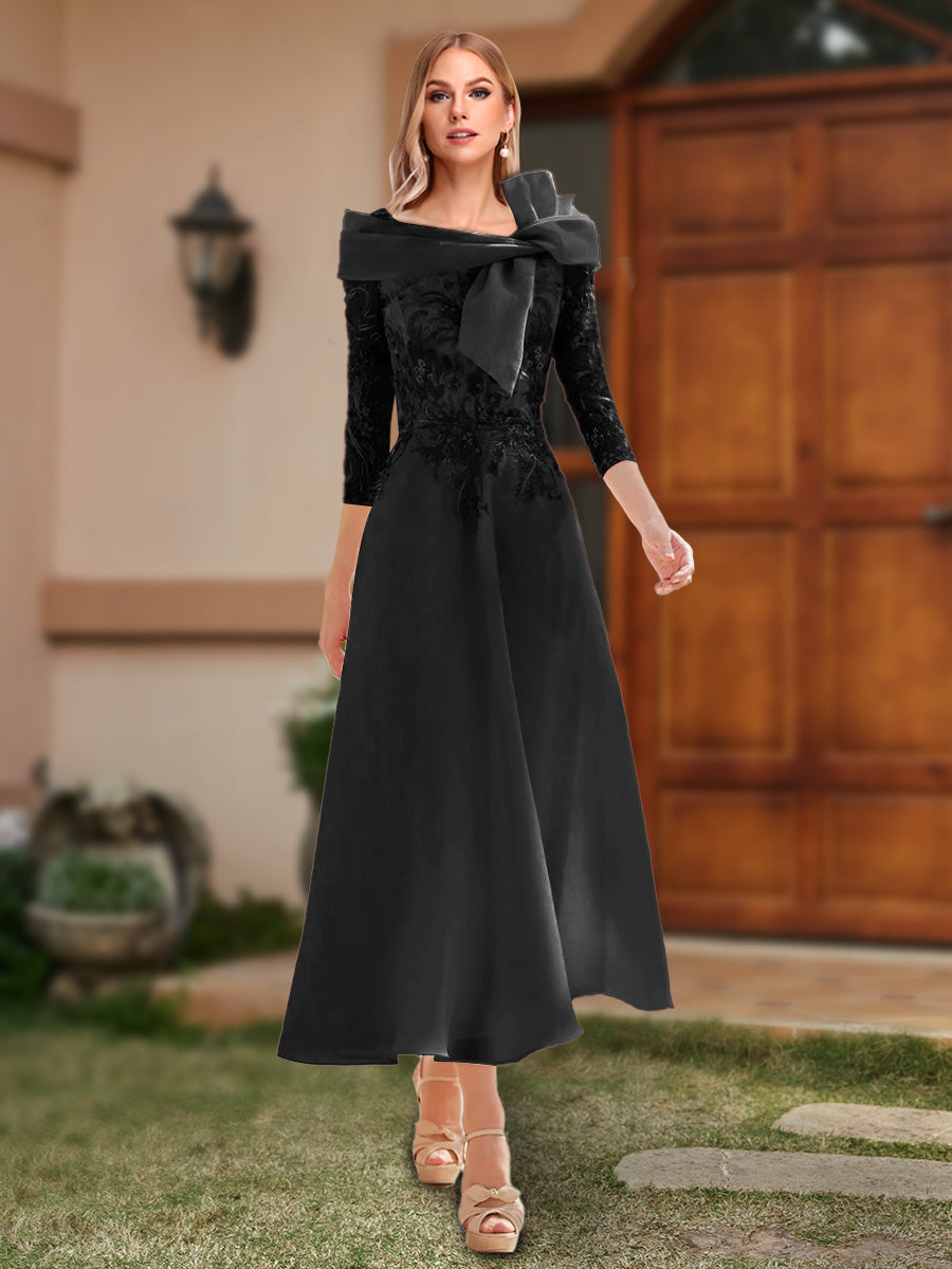 A-Line/Princess Off-the-Shoulder Ankle-Length Mother of the Bride Dresses With Bow(s) &amp; Appliques