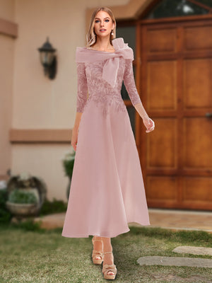 A-Line/Princess Off-the-Shoulder Ankle-Length Mother of the Bride Dresses With Bow(s) & Appliques