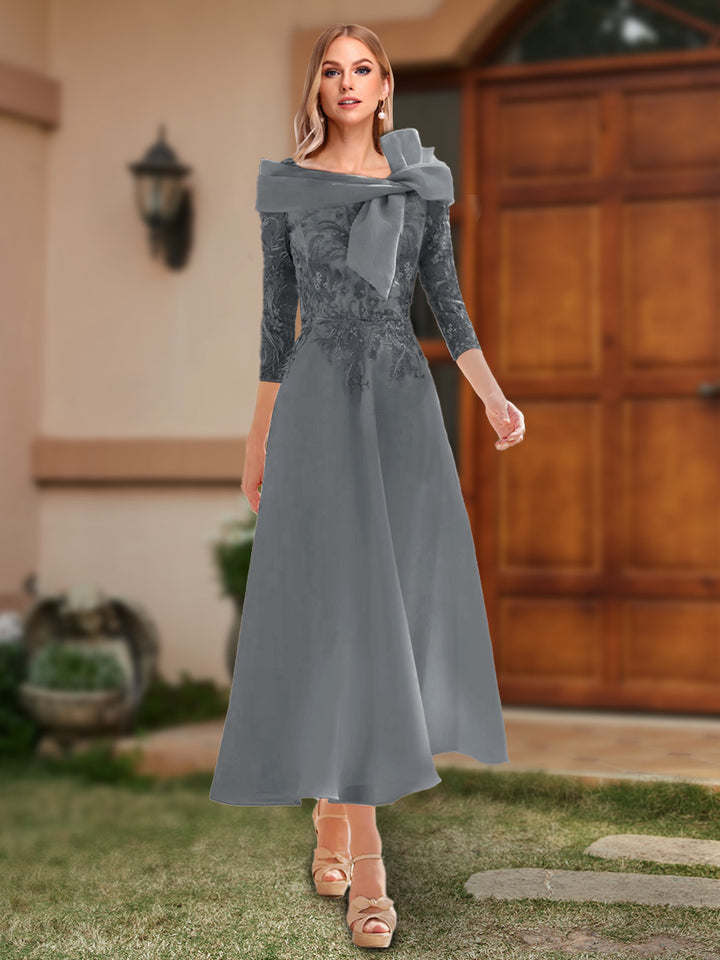 A-Line/Princess Off-the-Shoulder Ankle-Length Mother of the Bride Dresses With Bow(s) &amp; Appliques