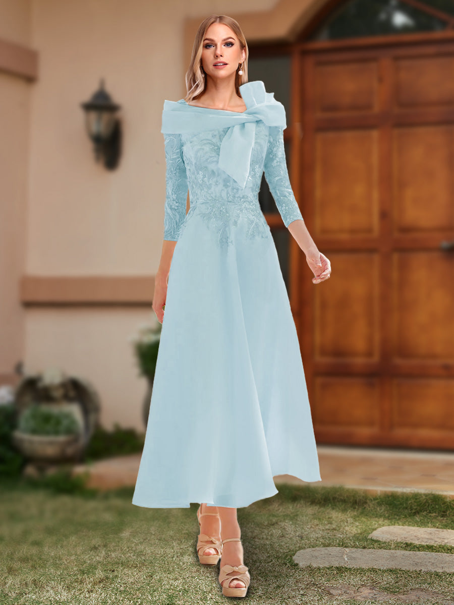 A-Line/Princess Off-the-Shoulder Ankle-Length Mother of the Bride Dresses With Bow(s) &amp; Appliques