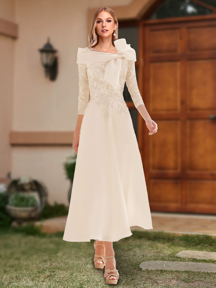 A-Line/Princess Off-the-Shoulder Ankle-Length Mother of the Bride Dresses With Bow(s) &amp; Appliques