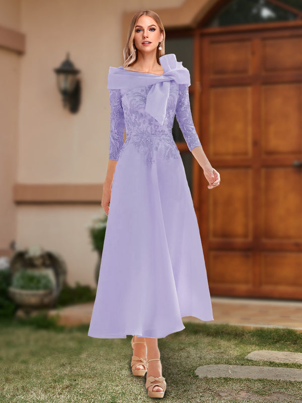 A-Line/Princess Off-the-Shoulder Ankle-Length Mother of the Bride Dresses With Bow(s) & Appliques