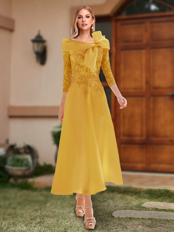 A-Line/Princess Off-the-Shoulder Ankle-Length Mother of the Bride Dresses With Bow(s) & Appliques