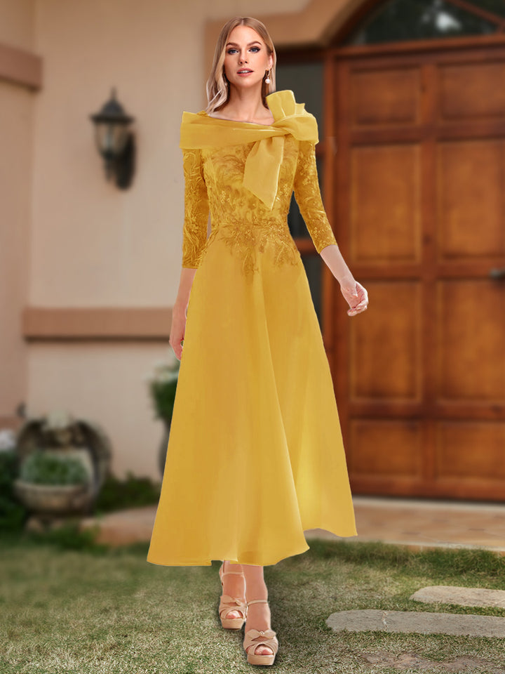 A-Line/Princess Off-the-Shoulder Ankle-Length Mother of the Bride Dresses With Bow(s) &amp; Appliques
