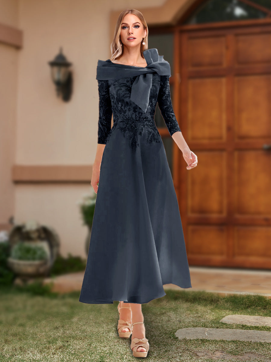 A-Line/Princess Off-the-Shoulder Ankle-Length Mother of the Bride Dresses With Bow(s) &amp; Appliques