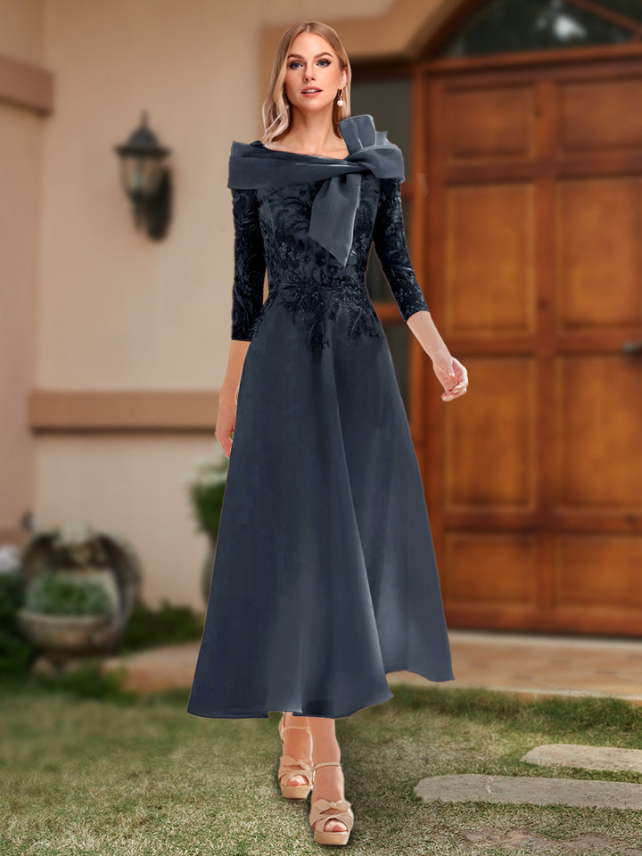 A-Line/Princess Off-the-Shoulder Ankle-Length Mother of the Bride Dresses With Bow(s) &amp; Appliques