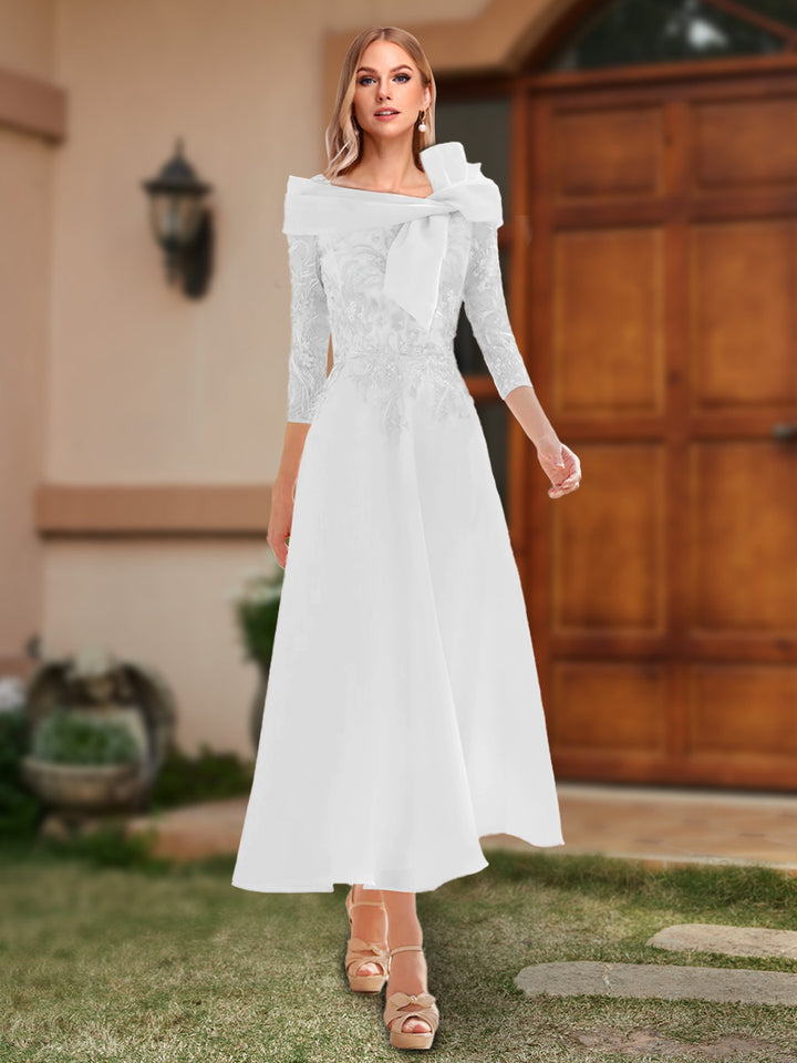 A-Line/Princess Off-the-Shoulder Ankle-Length Mother of the Bride Dresses With Bow(s) &amp; Appliques
