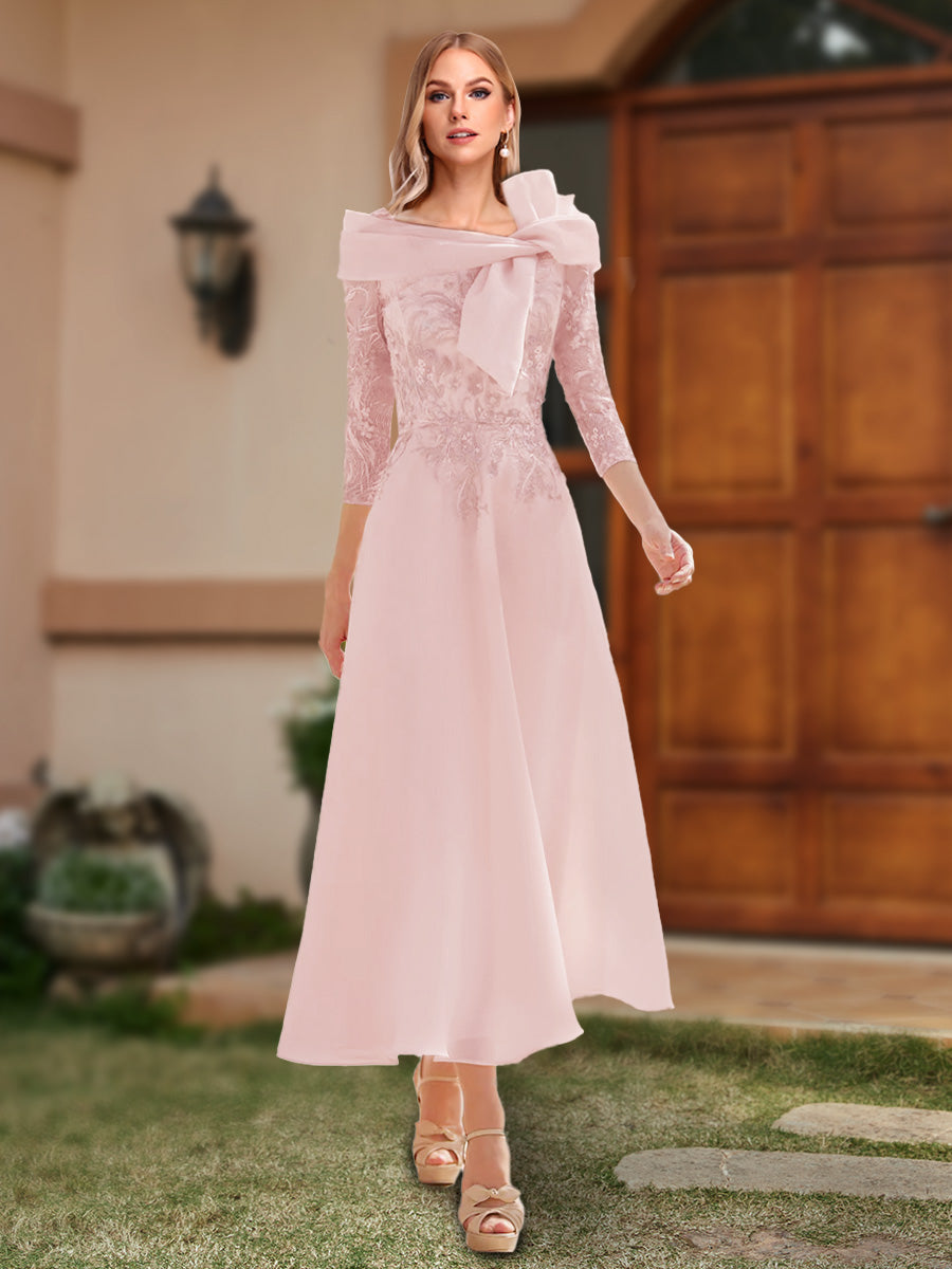 A-Line/Princess Off-the-Shoulder Ankle-Length Mother of the Bride Dresses With Bow(s) &amp; Appliques