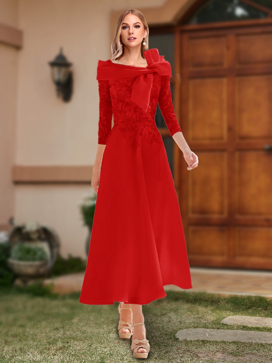 A-Line/Princess Off-the-Shoulder Ankle-Length Mother of the Bride Dresses With Bow(s) &amp; Appliques