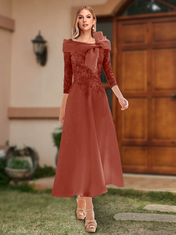 A-Line/Princess Off-the-Shoulder Ankle-Length Mother of the Bride Dresses With Bow(s) & Appliques