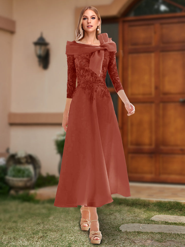 A-Line/Princess Off-the-Shoulder Ankle-Length Mother of the Bride Dresses With Bow(s) &amp; Appliques
