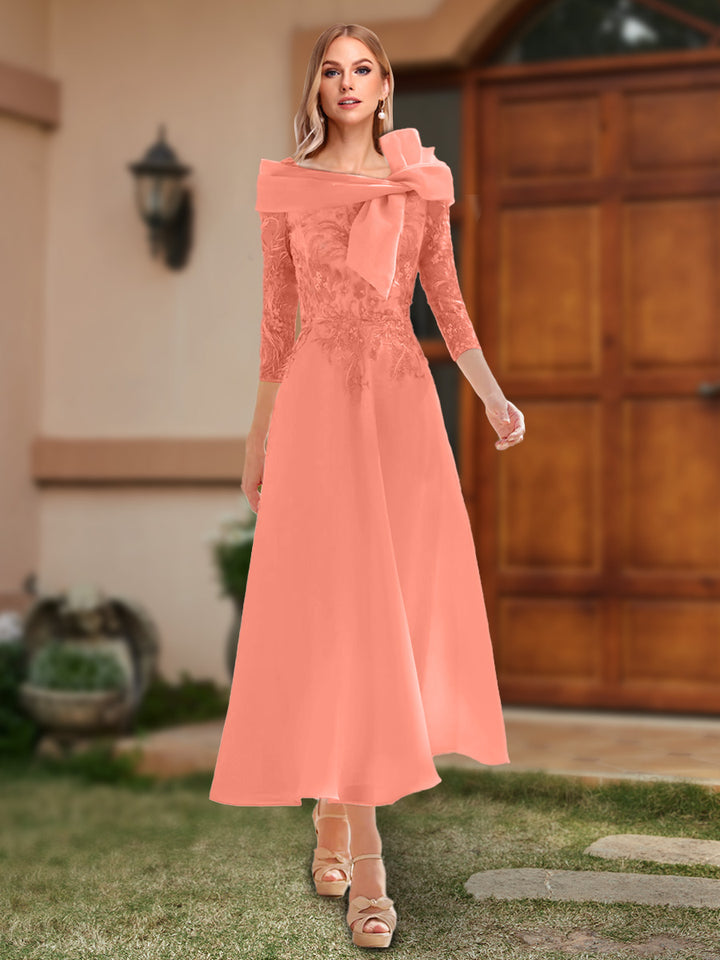 A-Line/Princess Off-the-Shoulder Ankle-Length Mother of the Bride Dresses With Bow(s) &amp; Appliques