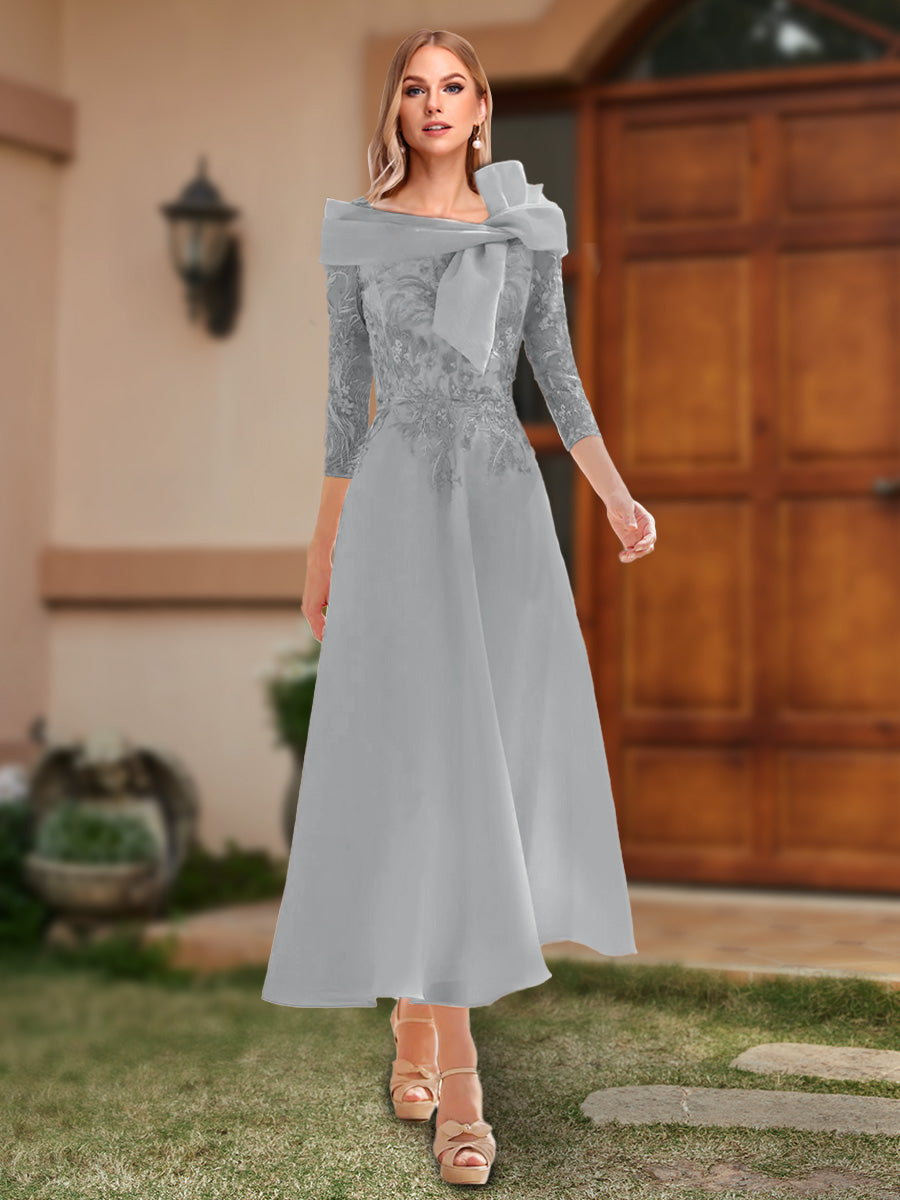 A-Line/Princess Off-the-Shoulder Ankle-Length Mother of the Bride Dresses With Bow(s) &amp; Appliques