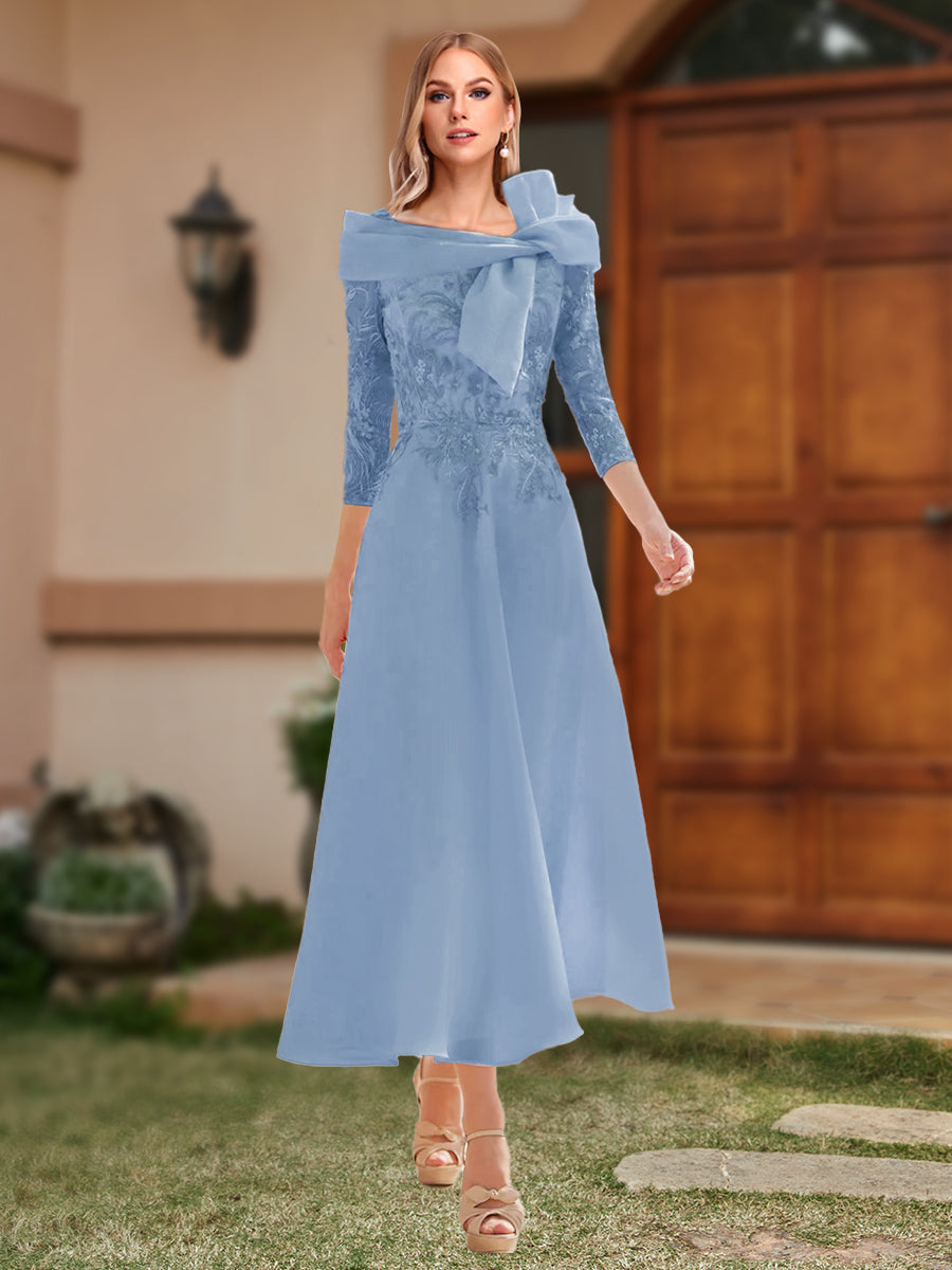 A-Line/Princess Off-the-Shoulder Ankle-Length Mother of the Bride Dresses With Bow(s) &amp; Appliques