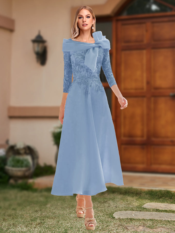 A-Line/Princess Off-the-Shoulder Ankle-Length Mother of the Bride Dresses With Bow(s) &amp; Appliques