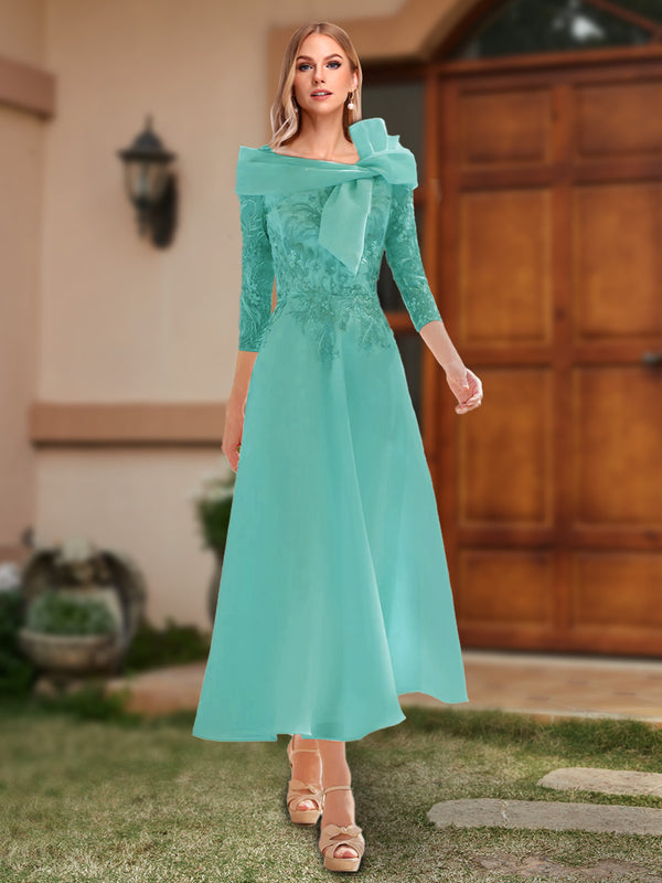 A-Line/Princess Off-the-Shoulder Ankle-Length Mother of the Bride Dresses With Bow(s) & Appliques