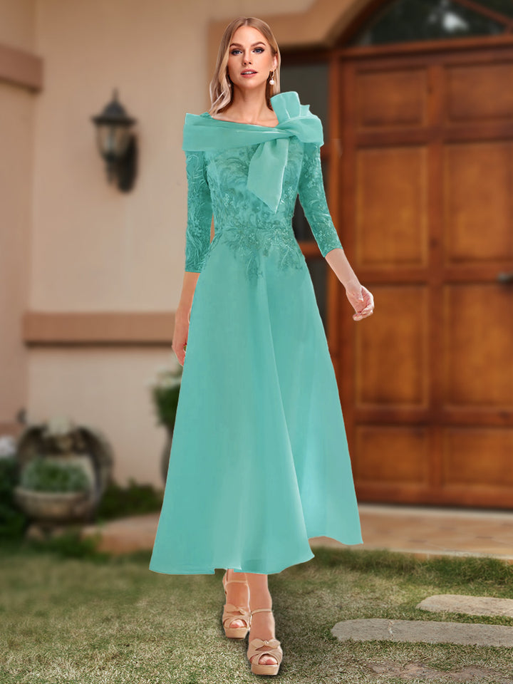 A-Line/Princess Off-the-Shoulder Ankle-Length Mother of the Bride Dresses With Bow(s) &amp; Appliques