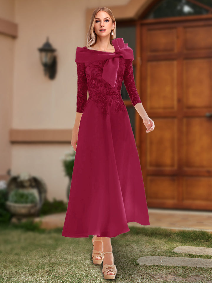 A-Line/Princess Off-the-Shoulder Ankle-Length Mother of the Bride Dresses With Bow(s) &amp; Appliques