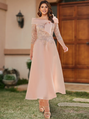 A-Line/Princess Off-the-Shoulder Ankle-Length Plus Size Mother of the Bride Dresses With Bow(s) & Appliques