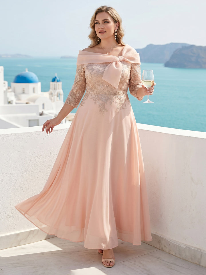 A-Line/Princess Off-the-Shoulder Ankle-Length Plus Size Mother of the Bride Dresses With Bow(s) &amp; Appliques