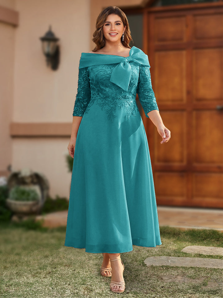 A-Line/Princess Off-the-Shoulder Ankle-Length Plus Size Mother of the Bride Dresses With Bow(s) &amp; Appliques