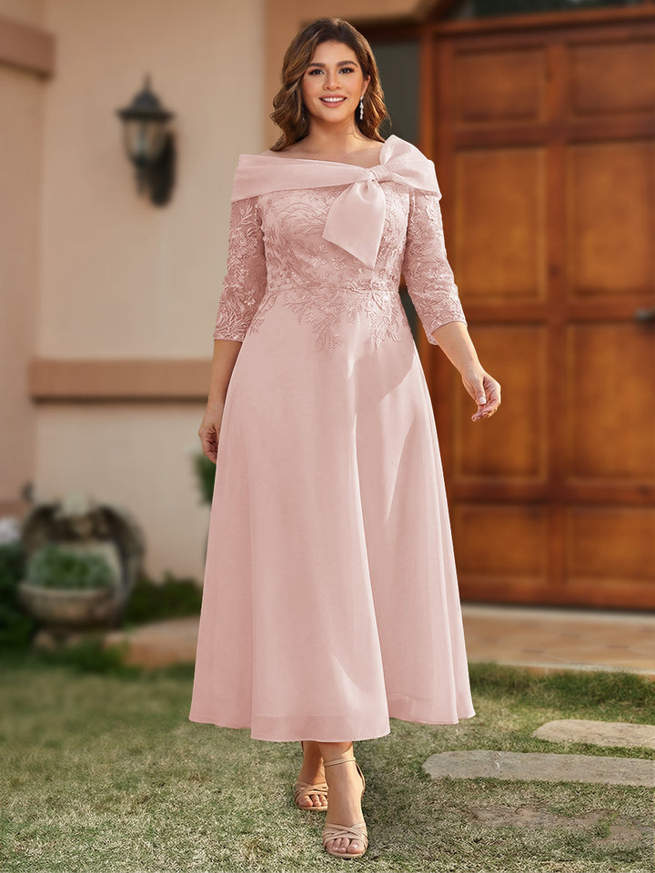 A-Line/Princess Off-the-Shoulder Ankle-Length Plus Size Mother of the Bride Dresses With Bow(s) &amp; Appliques