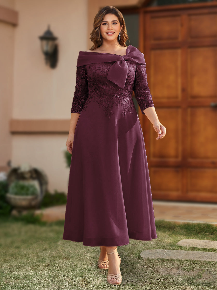 A-Line/Princess Off-the-Shoulder Ankle-Length Plus Size Mother of the Bride Dresses With Bow(s) &amp; Appliques