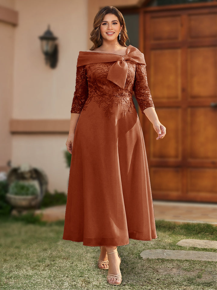 A-Line/Princess Off-the-Shoulder Ankle-Length Plus Size Mother of the Bride Dresses With Bow(s) &amp; Appliques