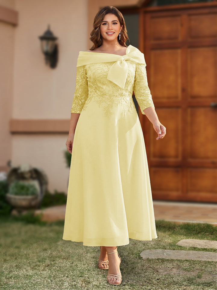 A-Line/Princess Off-the-Shoulder Ankle-Length Plus Size Mother of the Bride Dresses With Bow(s) &amp; Appliques