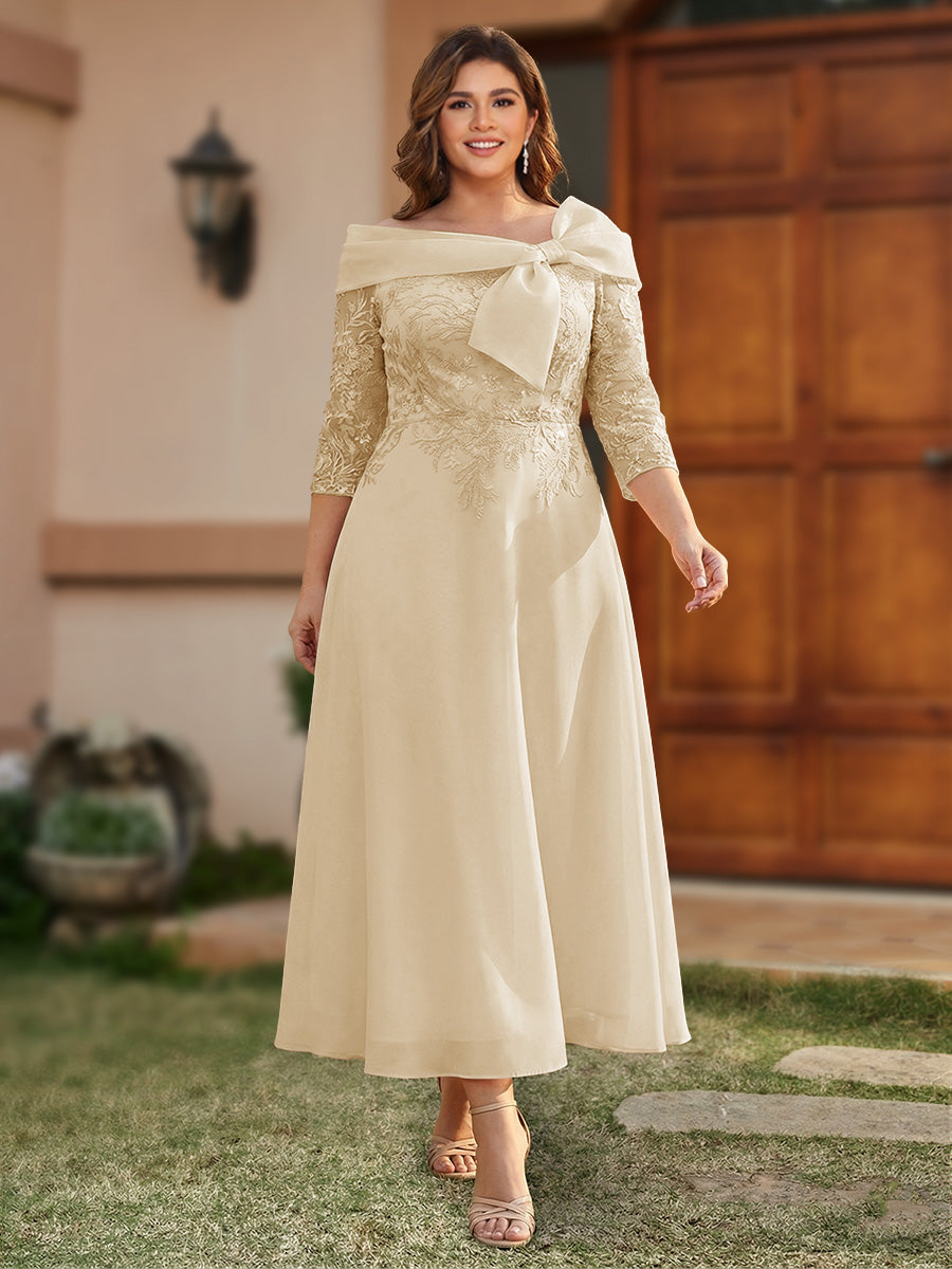 A-Line/Princess Off-the-Shoulder Ankle-Length Plus Size Mother of the Bride Dresses With Bow(s) &amp; Appliques