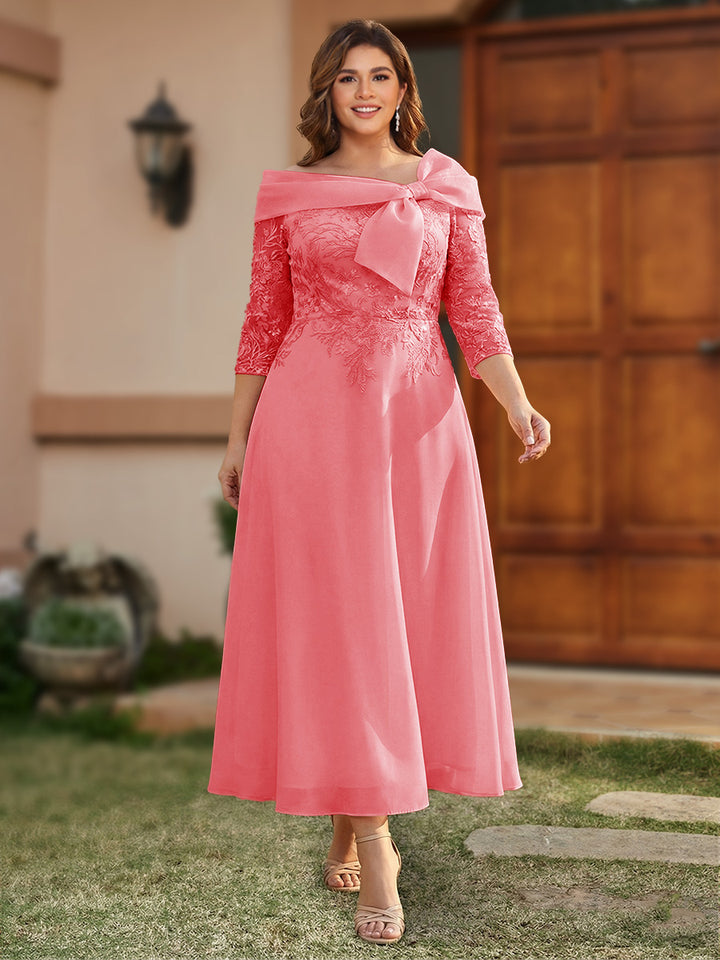 A-Line/Princess Off-the-Shoulder Ankle-Length Plus Size Mother of the Bride Dresses With Bow(s) &amp; Appliques