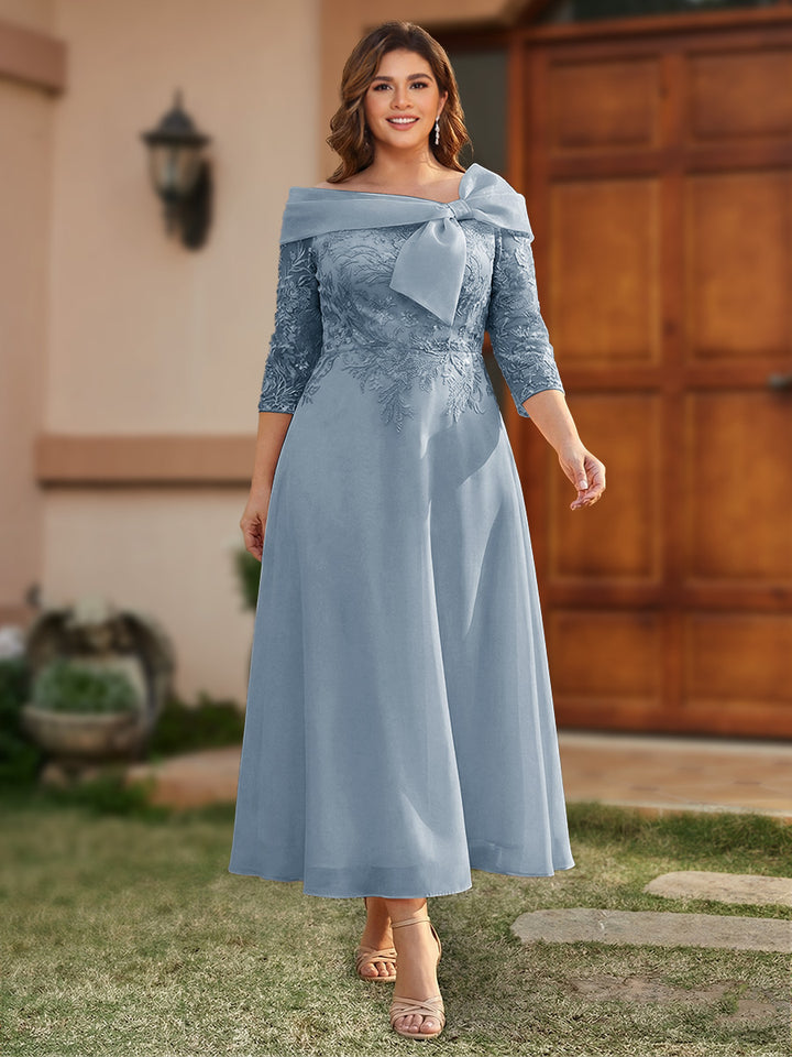 A-Line/Princess Off-the-Shoulder Ankle-Length Plus Size Mother of the Bride Dresses With Bow(s) &amp; Appliques