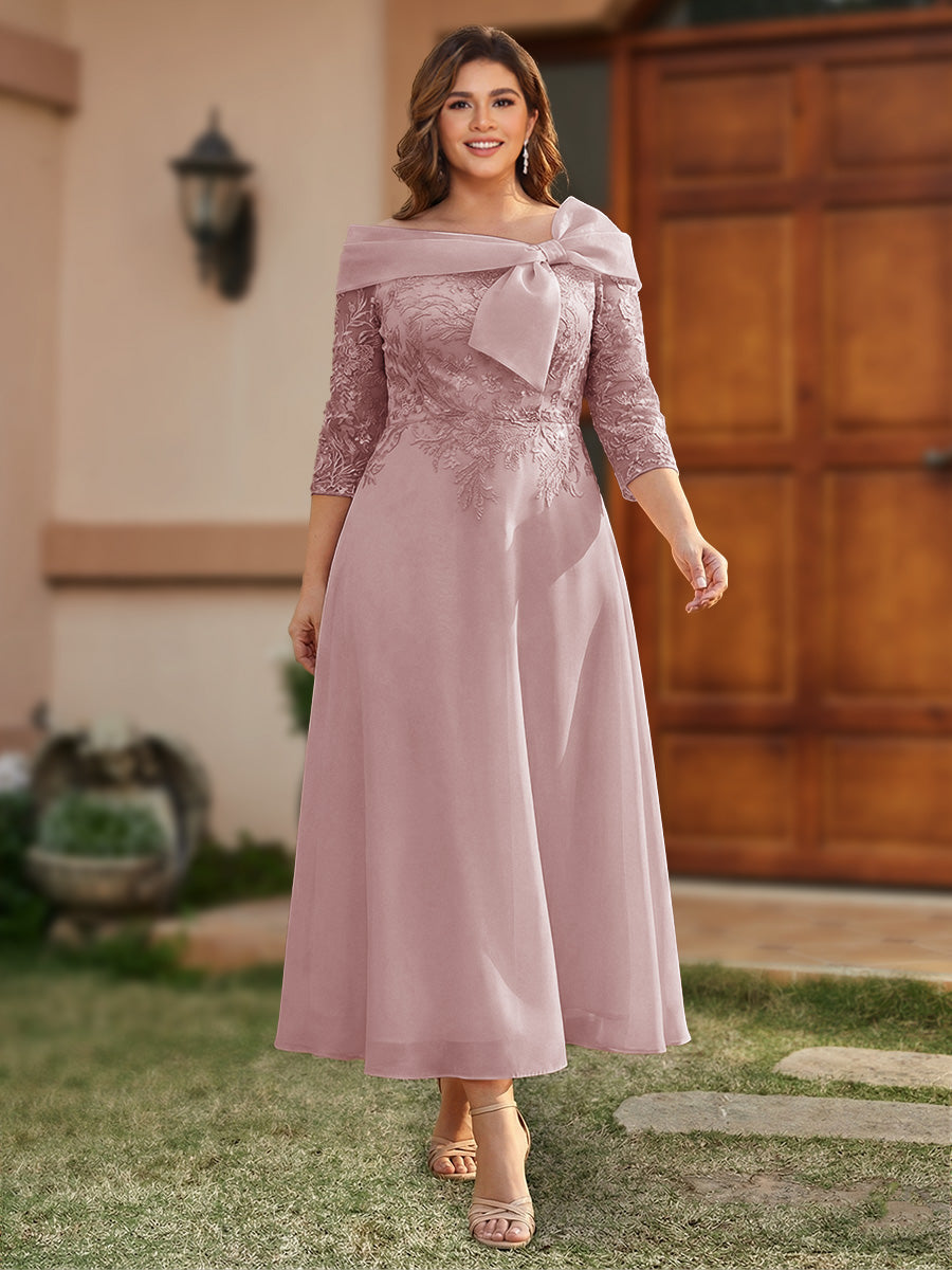 A-Line/Princess Off-the-Shoulder Ankle-Length Plus Size Mother of the Bride Dresses With Bow(s) &amp; Appliques