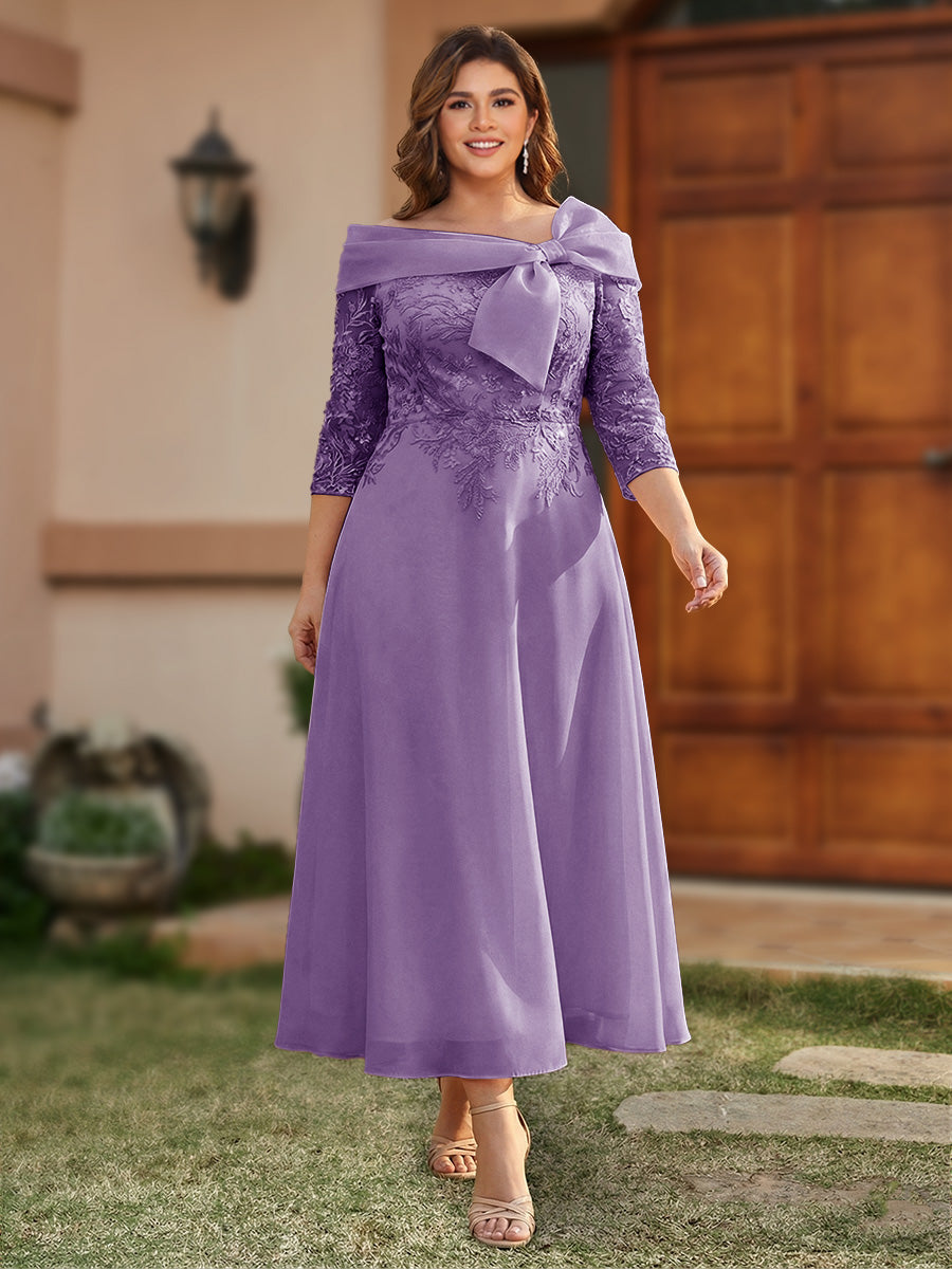 A-Line/Princess Off-the-Shoulder Ankle-Length Plus Size Mother of the Bride Dresses With Bow(s) &amp; Appliques