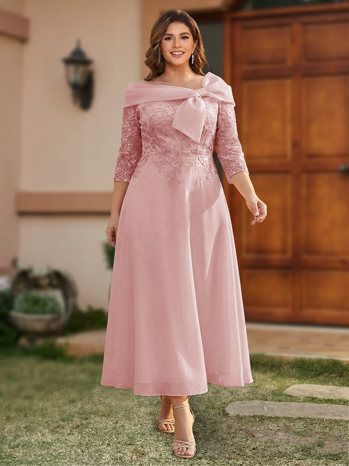 A-Line/Princess Off-the-Shoulder Ankle-Length Plus Size Mother of the Bride Dresses With Bow(s) &amp; Appliques